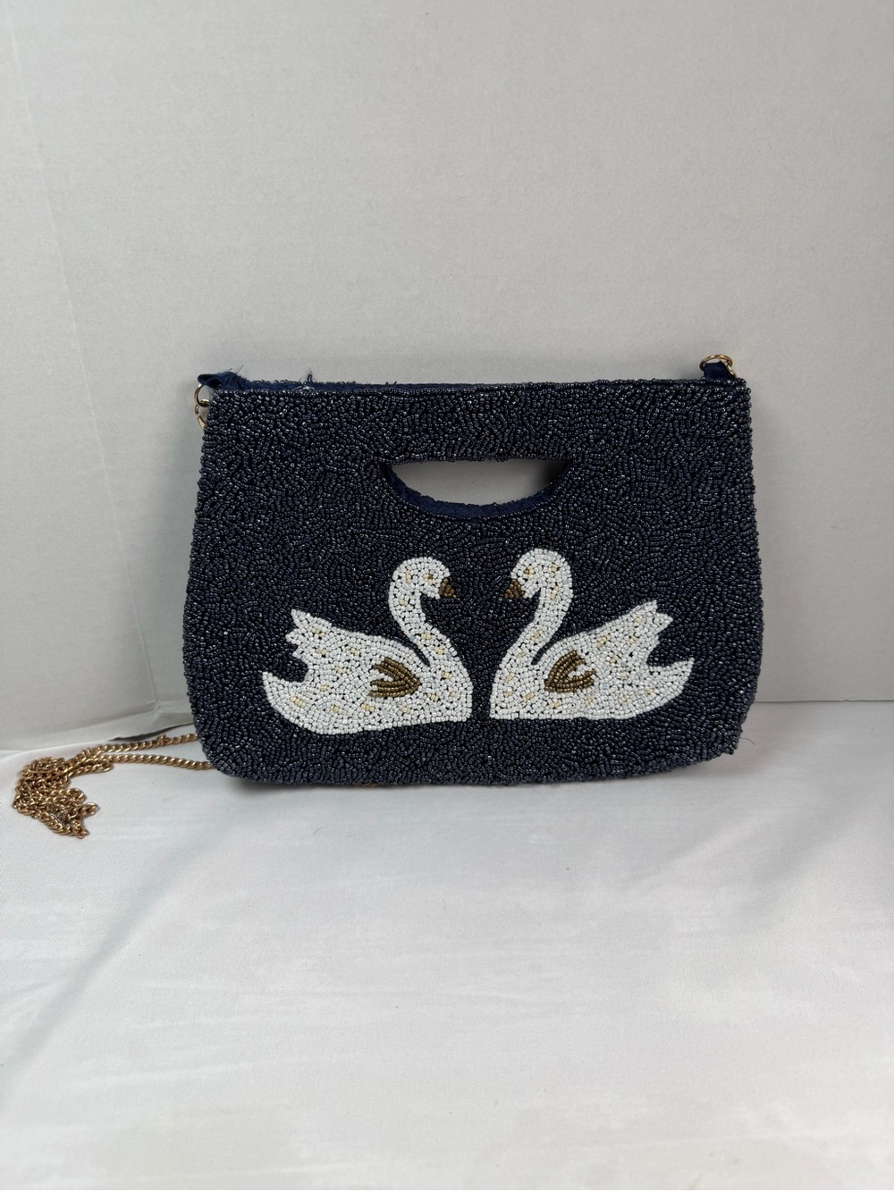 Rachel Zoe Beaded Swan Clutch Evening Bag Navy White Gold